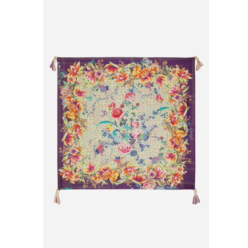Johnny Was Topiary Silk Scarf Floral Square Large Flowers Pink Purple Tassels NW